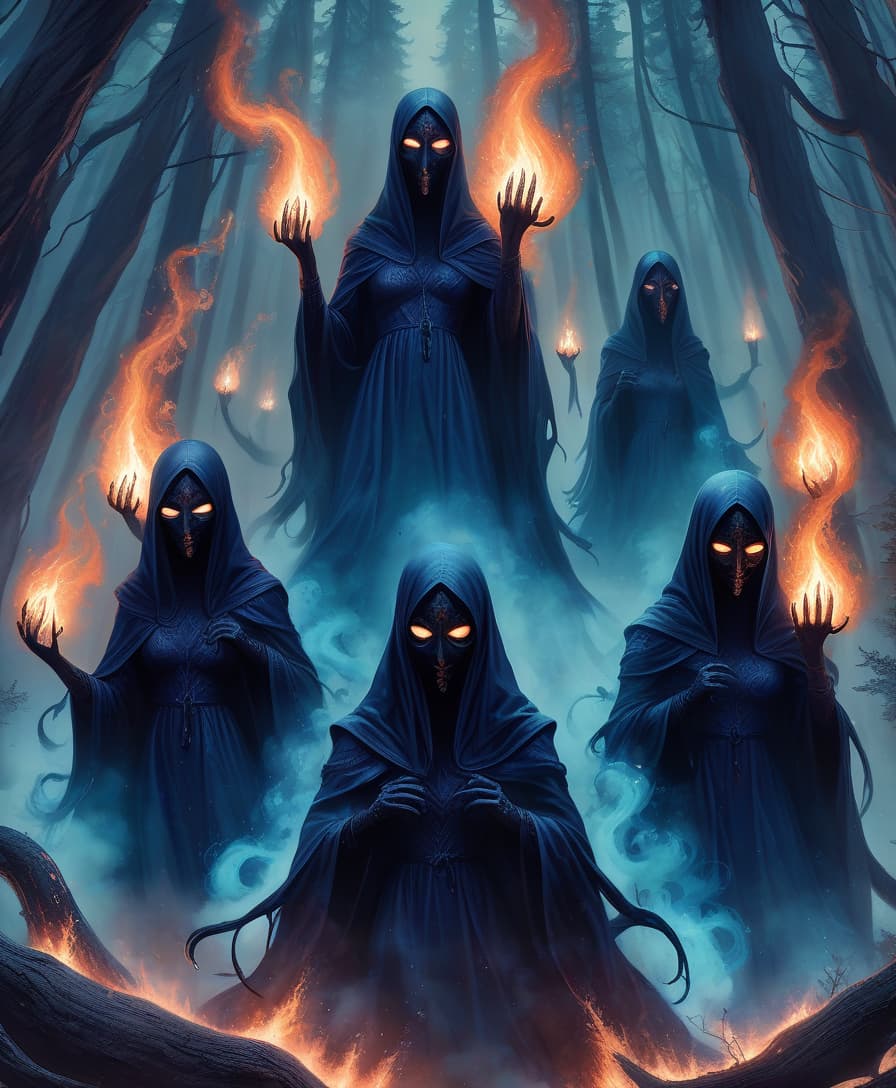  lovecraftian horror coven of witches. black masks on their faces. big blue fire. forest edge . eldritch, cosmic horror, unknown, mysterious, surreal, highly detailed