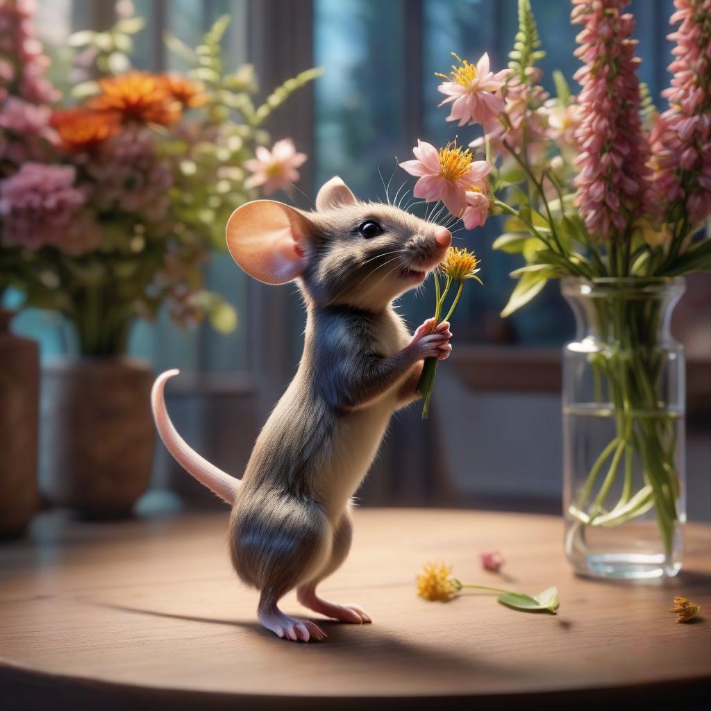  anime artwork the mouse leans on a vase of flowers and reaches full length to the buds . anime style, key visual, vibrant, studio anime, highly detailed hyperrealistic, full body, detailed clothing, highly detailed, cinematic lighting, stunningly beautiful, intricate, sharp focus, f/1. 8, 85mm, (centered image composition), (professionally color graded), ((bright soft diffused light)), volumetric fog, trending on instagram, trending on tumblr, HDR 4K, 8K