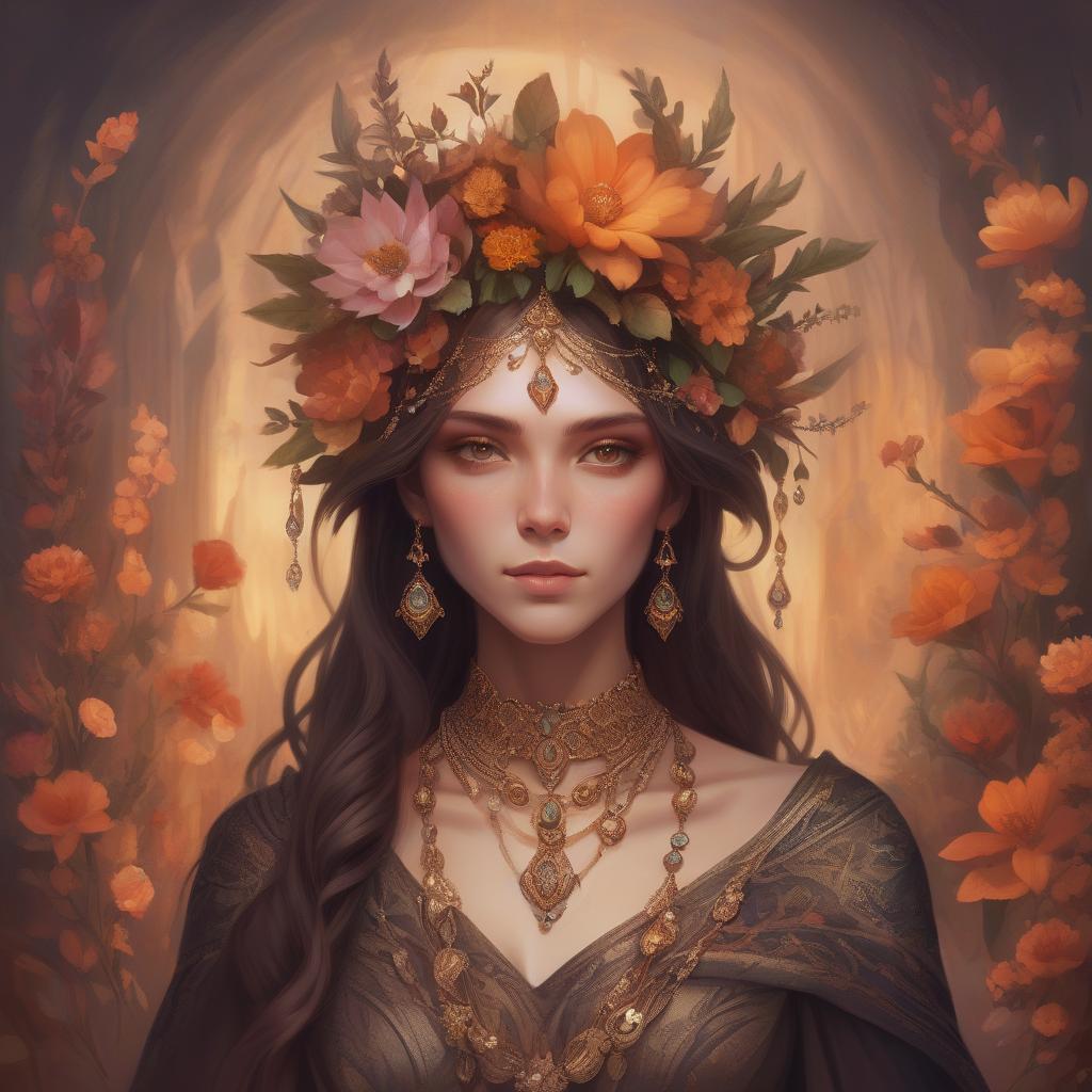  concept art a painting of a woman with a floral crown and intricate jewelry, featuring warm tones and a fantasy style. dark fantasy . digital artwork, illustrative, painterly, matte painting, highly detailed