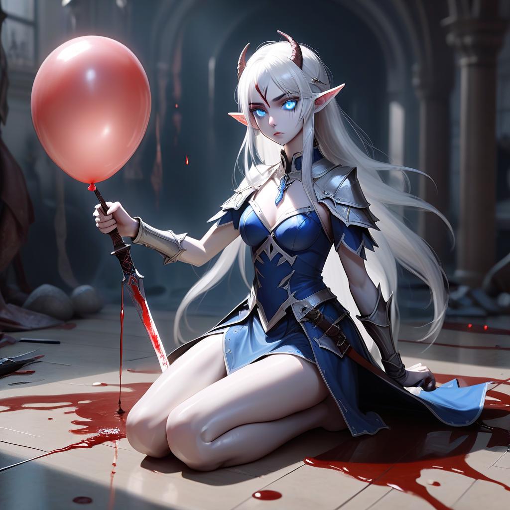   .1 (s), half an elf, half a demon (very high detail), not tall, , middle +++++++++, body (s) is fully visible++++(very high detail), +++, her right hand holds a bloody sword, in her left a balloon with water, the character is depicted in a battle stand on the floor, white hair, blue eyes (luminous eyes), a slender body, legs wide apart, high detail, the perspective of the is distant in full height, the drawing does not change the style of the , the is :