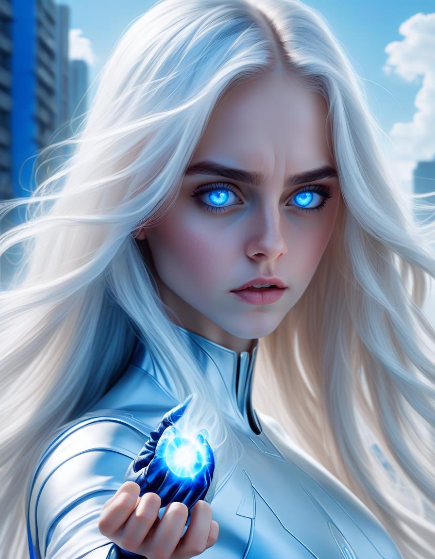  a girl with superpower, releases cold from the palm, a front view, white long loose hair, modern clothes, bright blue eyes