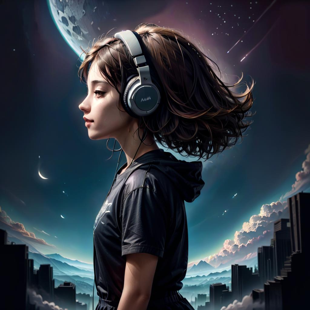  stacked papercut art of music gives a feeling of lightness and helps to plunge into the world of dreams. the girl stands with her back in space. headphones. dark colors. 2d. dark . 3d, layered, dimensional, depth, precision cut, stacked layers, papercut, high contrast, civitai