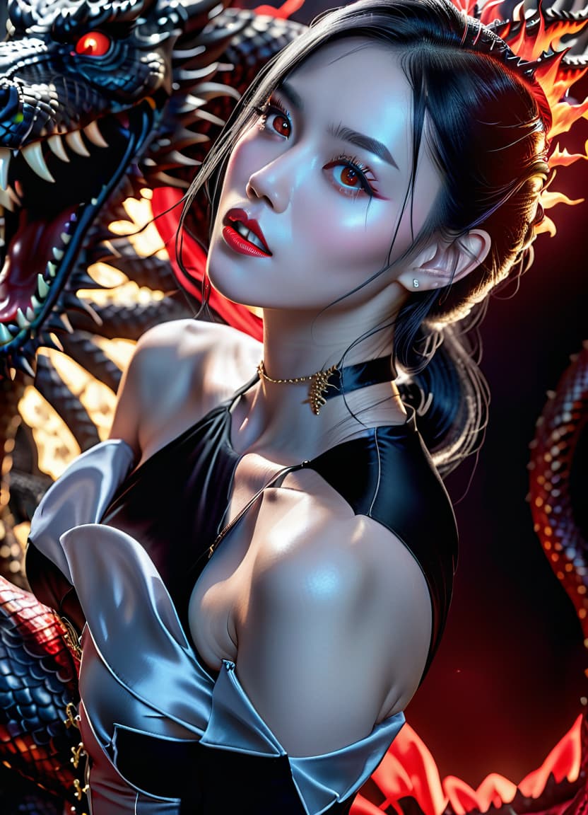  hyperrealistic art a girl in a black tight fitting silk dress, black hair, an open neckline on the dress, in the background a black dragon with red teeth and eyes, a dark background. . extremely high resolution details, photographic, realism pushed to extreme, fine texture, incredibly lifelike, perfecteyes, hkmagic, glowneon hyperrealistic, full body, detailed clothing, highly detailed, cinematic lighting, stunningly beautiful, intricate, sharp focus, f/1. 8, 85mm, (centered image composition), (professionally color graded), ((bright soft diffused light)), volumetric fog, trending on instagram, trending on tumblr, HDR 4K, 8K