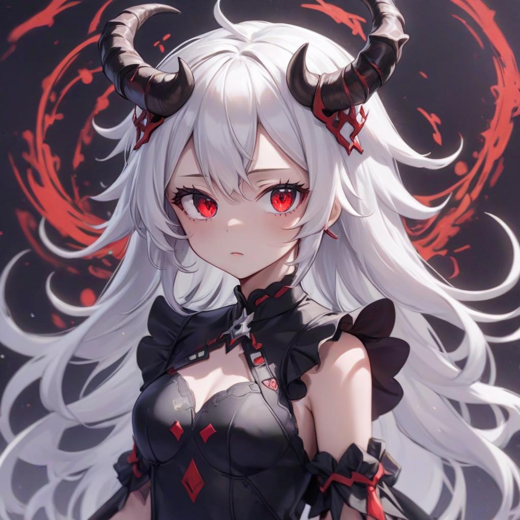  anime artwork girl in a dress, horns on her head, white hair, red eyes, dark magic, . anime style, key visual, vibrant, studio anime, highly detailed, sticker