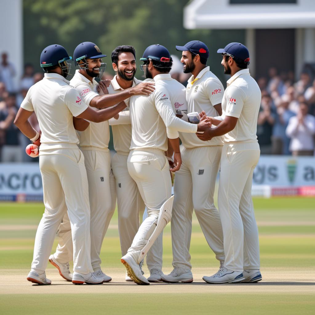  Amazon Warriors cricket team celebrating a victory. The scene should depict players in their official cricket attire, cheering and embracing each other in joy on a cricket field. Include elements like cricket gear, stadium, lights, and a scoreboard showing their win. Make sure to emphasize the excitement and triumph in the atmosphere. hyperrealistic, full body, detailed clothing, highly detailed, cinematic lighting, stunningly beautiful, intricate, sharp focus, f/1. 8, 85mm, (centered image composition), (professionally color graded), ((bright soft diffused light)), volumetric fog, trending on instagram, trending on tumblr, HDR 4K, 8K