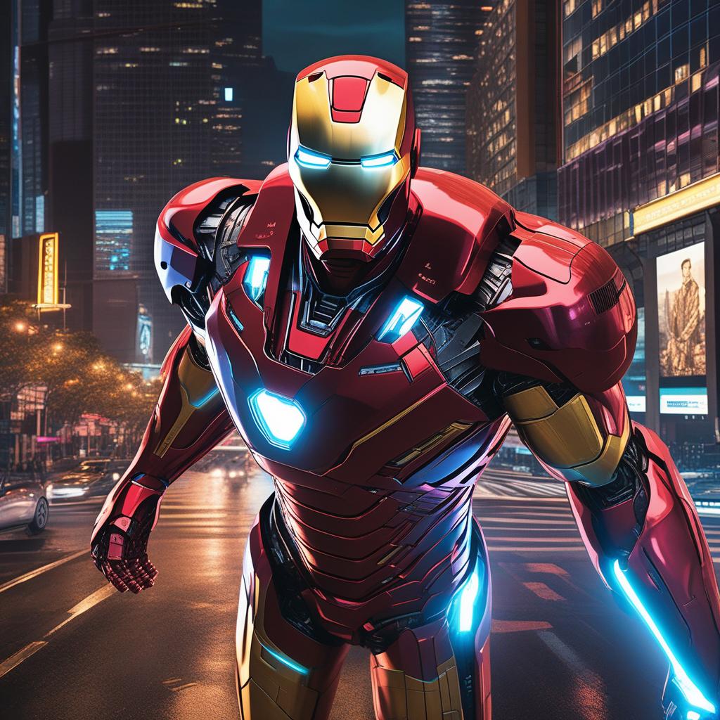  masterpiece, best quality, Best quality, masterpiece, 8k resolution, realistic, highly detailed, close up of Iron Man. In a cyberpunk-style night scene of the city, he stands on a street lined with tall buildings. The city's night lights are bright, The surrounding buildings and streets are filled with cyberpunk elements such as neon lights, high-tech devices, and futuristic architectural designs.