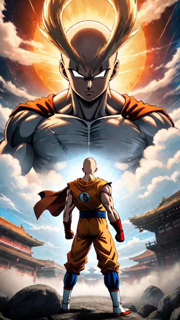  anime art of saitama from "one punch man" facing goku from "dragon ball" in an epic showdown. hyperrealistic, full body, detailed clothing, highly detailed, cinematic lighting, stunningly beautiful, intricate, sharp focus, f/1. 8, 85mm, (centered image composition), (professionally color graded), ((bright soft diffused light)), volumetric fog, trending on instagram, trending on tumblr, HDR 4K, 8K