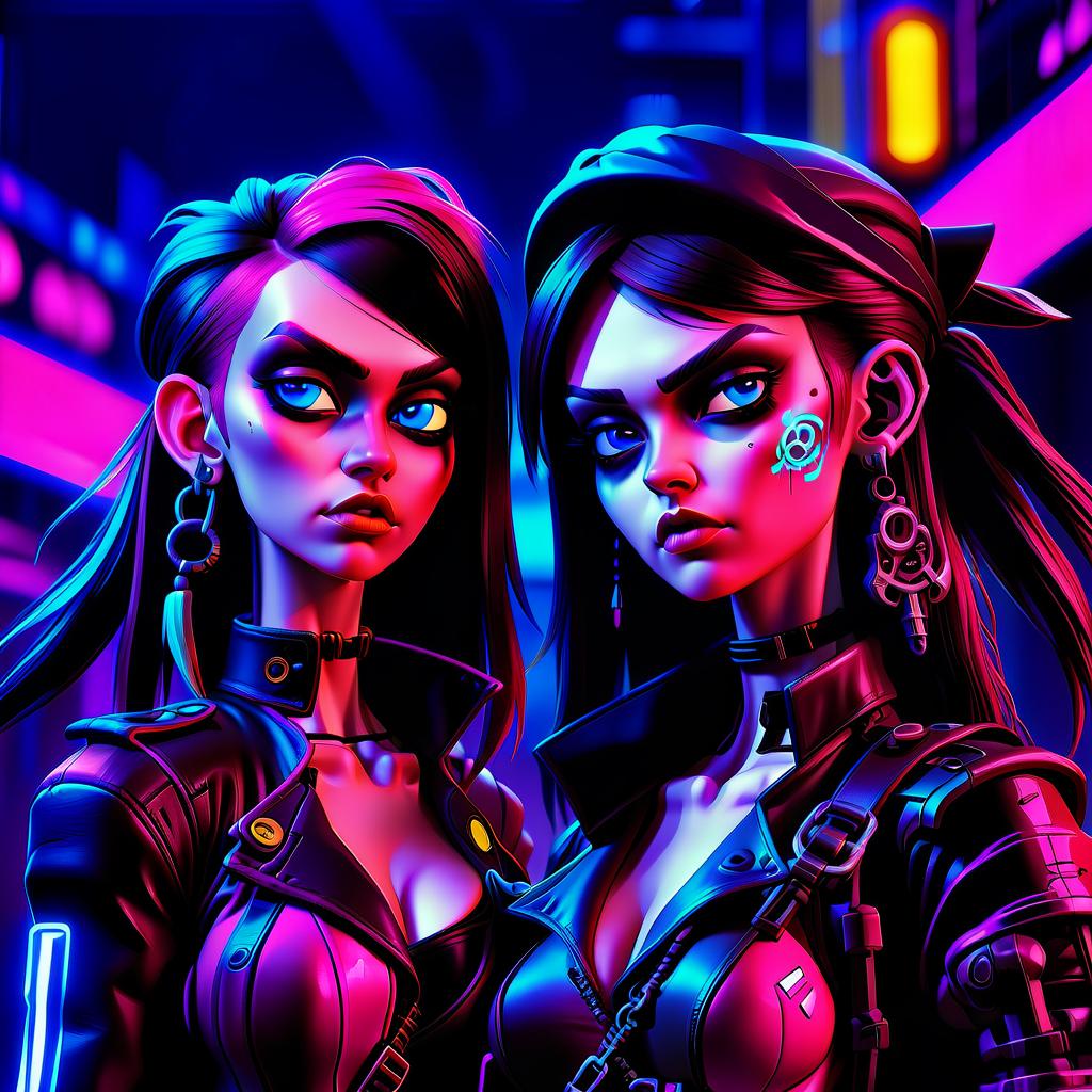  cyberpunk game style two pirate girls close up . neon, dystopian, futuristic, digital, vibrant, detailed, high contrast, reminiscent of cyberpunk genre video games