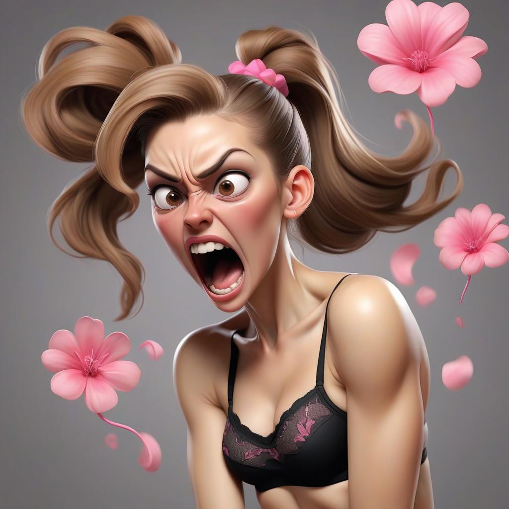  woman, light brown hair tied in a ponytail, black underwear with pink flower pattern elements, screaming, pain, metamorphosis, transformation, body throbbing