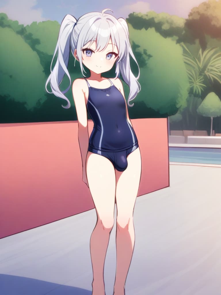  women's elementary students (male), twin tails, cute smiles, (rich s), low stature, dark blue swimwear, old swimwear, , simple (upward), male , (bulge), shaped clear , front , whole body, pool side,