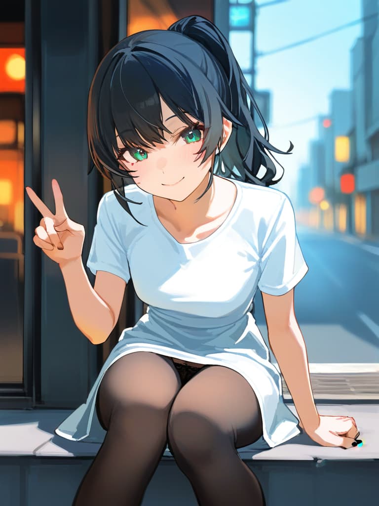  (✌peace pose:2.0)masterpiece,beautiful girl,nice body,(long legs:1.5)(ponytail:1.7)(wearing a knee length dress with white short sleeves:2.0)(smiling)((wearing a pitch black panty hose:2.0))(full length:1.7)(on the street:1.5)(sitting shallow on the guardrailsitting:1.7)(close up:1.5)high quality,16k