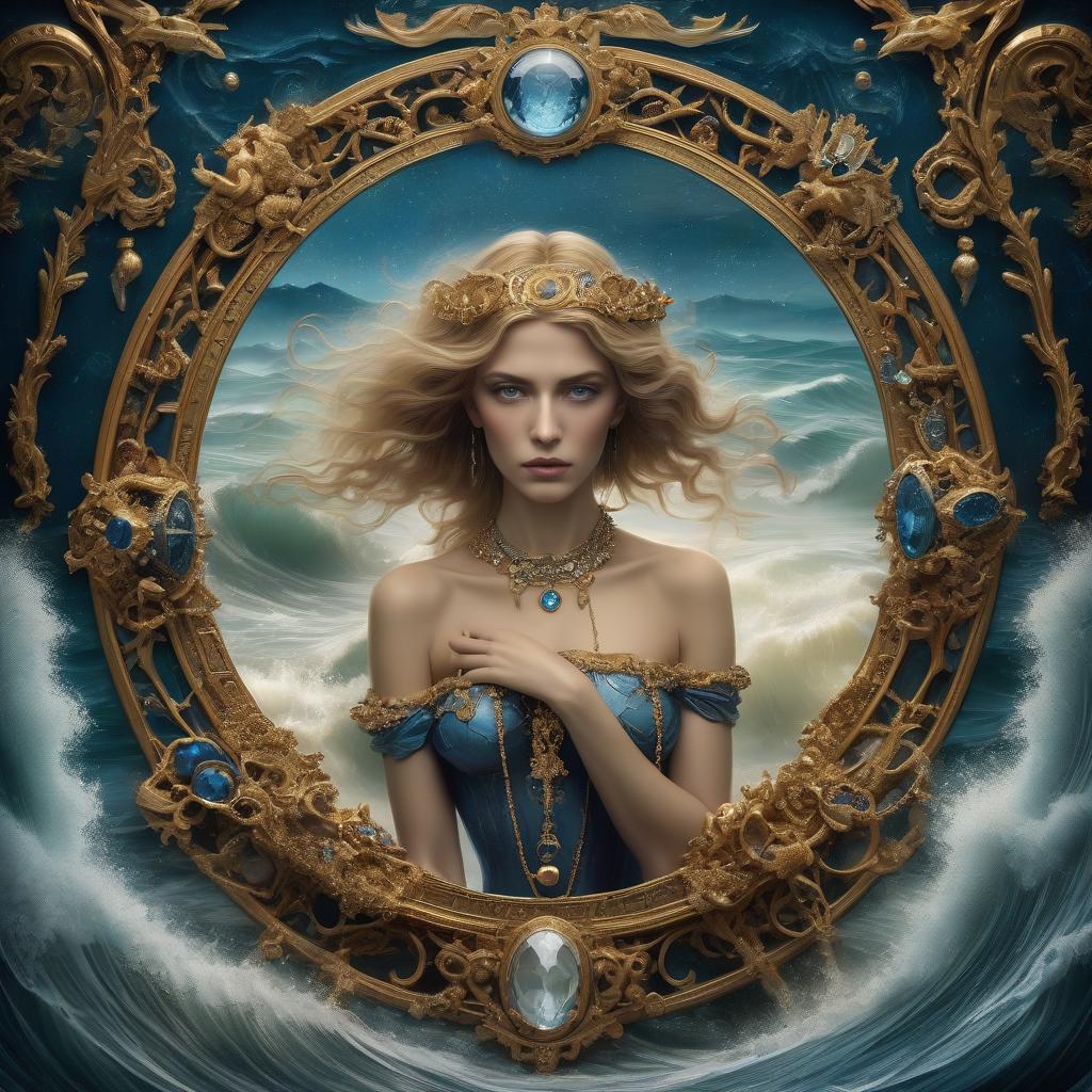  cinematic film still paint a beautiful woman surrounded by jewellery and diamonds is depicted in an art nouveau painting depicting the zodiac sign gemini against a backdrop of sea waves. the background is richly decorated with ornate gold frames set with blue jewels, creating an atmosphere of luxury. the gold border forms a square border on all four sides of the illustration. this design symbolises the power over water, mystical beauty and harmony between the essence of man and nature, with an emphasis on the face. . shallow depth of field, vignette, highly detailed, high budget, bokeh, cinemascope, moody, epic, gorgeous, film grain, grainy