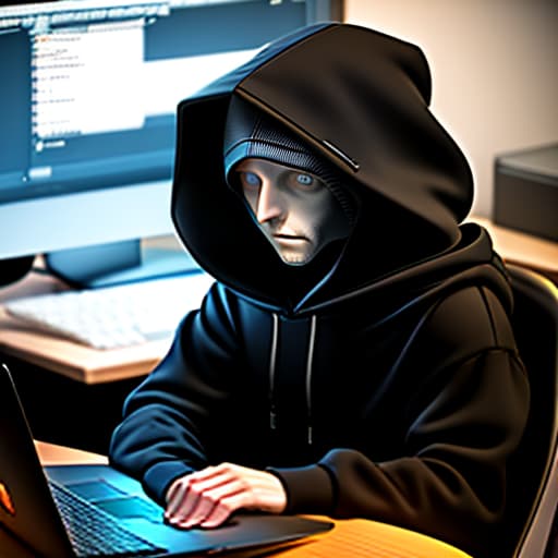  hooded programmer sits behind laptop