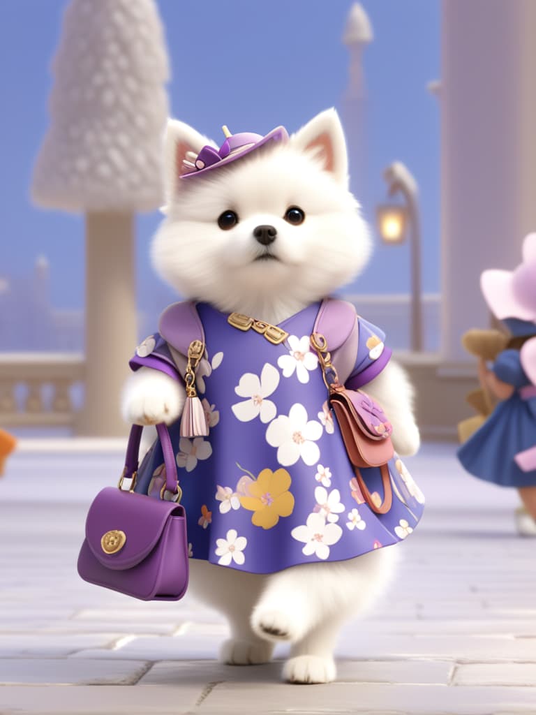  a small, fluffy white dog dressed in a blue floral dress and wearing a flower hat. the cat is standing and appears to be posing for a photo.in the background, there are a few people present. one person is standing on the left side of the image, while another is standing on the right side, and the third person is visible only from the waist down, in the far right corner. there are also a couple of handbags, one in the foreground and another further back in the scene.