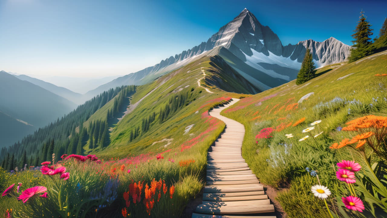  a serene mountain landscape with a winding path leading to a distant peak, dotted with signposts representing various goals, surrounded by vibrant wildflowers and a clear blue sky, symbolizing the journey of goal setting. hyperrealistic, full body, detailed clothing, highly detailed, cinematic lighting, stunningly beautiful, intricate, sharp focus, f/1. 8, 85mm, (centered image composition), (professionally color graded), ((bright soft diffused light)), volumetric fog, trending on instagram, trending on tumblr, HDR 4K, 8K