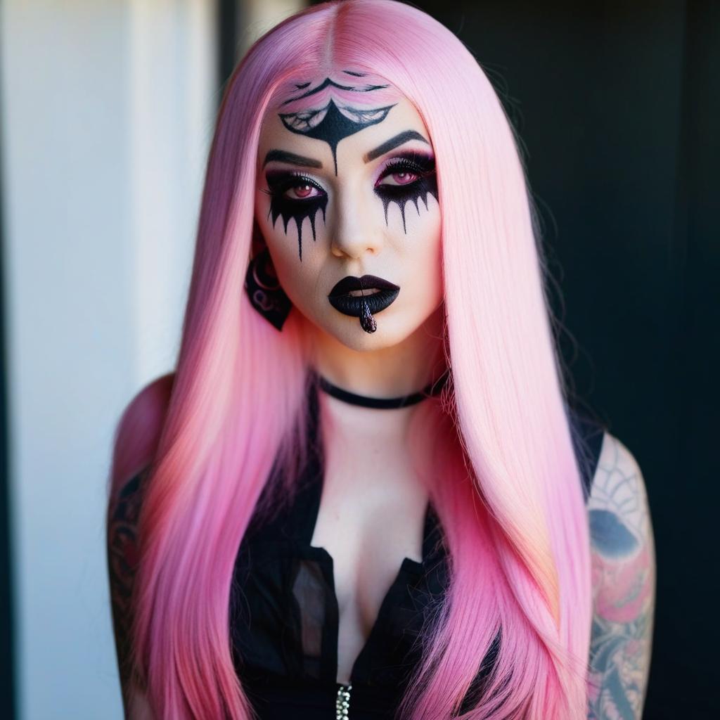  8 age women,full body shot portrait horrifying scary pale long pink hair ,full white eyes, black lips, black dripping eyeshadow tattoos,in pink cotton with pink trim