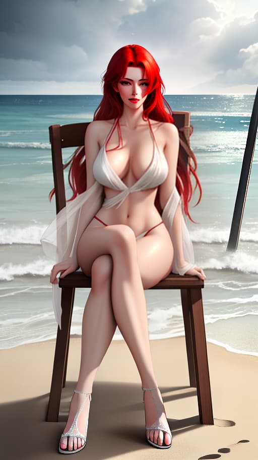  A naked woman sits in a chair on the beach, under the rain, her red hair is blown by the wind, her knees are bent in different directions, and her foot is raised, a view from below in front. hyperrealistic, full body, detailed clothing, highly detailed, cinematic lighting, stunningly beautiful, intricate, sharp focus, f/1. 8, 85mm, (centered image composition), (professionally color graded), ((bright soft diffused light)), volumetric fog, trending on instagram, trending on tumblr, HDR 4K, 8K