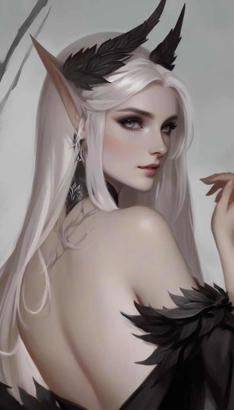  ethereal fantasy concept art of portrait, pale elven female, white hair and eyes, with black fethered wreath, standing with her back in a half turn. . magnificent, celestial, ethereal, painterly, epic, majestic, magical, fantasy art, cover art, dreamy, perfect hands