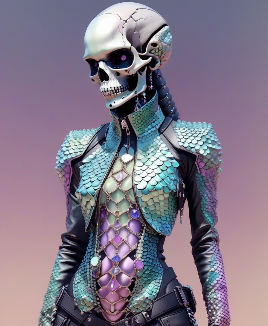  techwear fashion lizard scales. full length girl skull instead of face. chromium and precious stones, pastel tones. desert . futuristic, cyberpunk, urban, tactical, sleek, dark, highly detailed