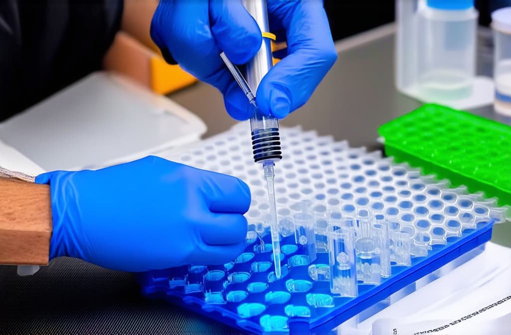  pipetting sample into micro well plate while doing research on biotechnology ar 3:2 {prompt}, maximum details