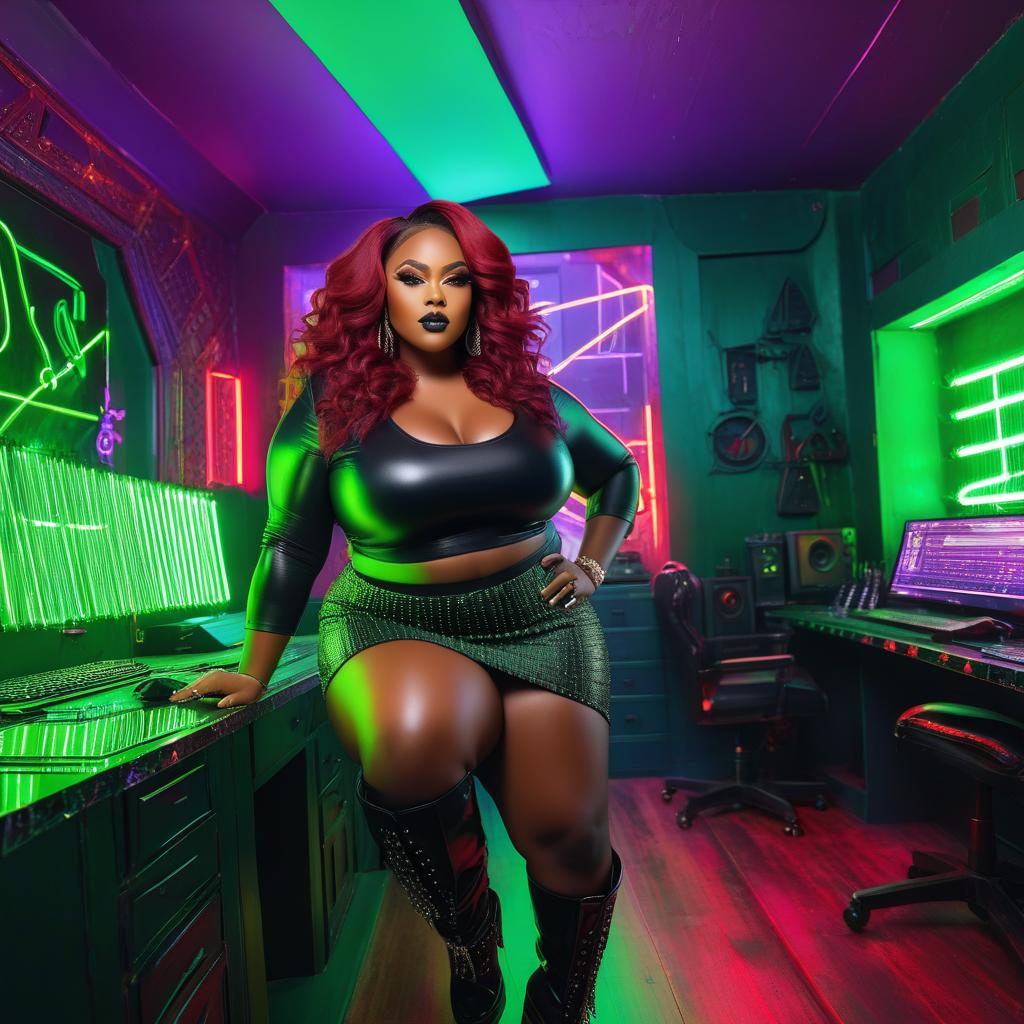  wide grand panoramic back view of a pretty plus size african american female made out of black metal extremely long purple and red hair glowing hazel eyes, acrylic nails done, wearing a hand beaded crop top and mini skirt, crouching forward; perfect smirk, inside of a neon lit green room, smoke in the background, perfect lighting a sci fi scene fisheye filter, award winning, professional, highly detailed, masterpiece