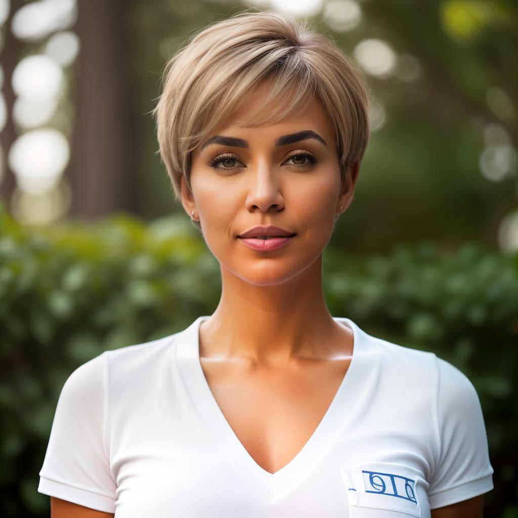  (((realistic full torso frontal head shot of a light brown to medium brown skin tone woman))), ramona francisca garcía, ((hispanic heritage)), immature face, blue eye color, (pixie cut hair style), ((blonde hair color)), ((skinny body type)), flat size, small size, (immature broad nose), (immature defined cheekbones), (immature angular jawline), (immature medium lips), (immature prominent forehead), (immature even eyebrows), (immature rounded chin), standing straight looking directly into the camera,((wearing fitted polo shirt with deep v neck and monogrammed pocket)), backyard background, 1, best quality, highest quality, award winning photo, masterpiece, raw, professional photography, photorealism, sharp focus, cinem hyperrealistic, full body, detailed clothing, highly detailed, cinematic lighting, stunningly beautiful, intricate, sharp focus, f/1. 8, 85mm, (centered image composition), (professionally color graded), ((bright soft diffused light)), volumetric fog, trending on instagram, trending on tumblr, HDR 4K, 8K