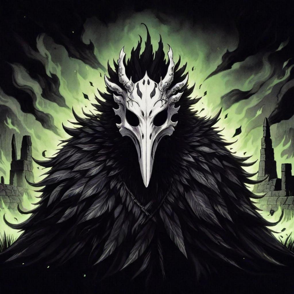  manga artwork dark creature with an animal white bone mask and black feathers, the background has stone ruins and green flames. rpg anime style . manga artist. manga, highly emotional. best quality, high resolution