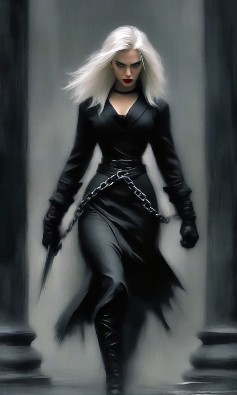  macabre style scarlett johansson in the form of a thief fighter with white straight hair with black tips, coated. in long leather white skirts and a chain skirt in full height. in a dark room with huge gray smooth columns. . dark, gothic, grim, haunting, highly detailed, perfecteyes, perfect hands