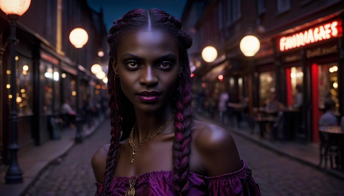  cinematic photo highly detailed three dimensional image. chic graceful dark skinned vampire, dark opalescent skin, long braids, large reflective honey eyes, with a clear contour of the lip, a lush bust, an ominous grin are seen fangs near a small street cafe in the light of the moon. black red purple . 35mm photograph, film, bokeh, professional, 4k, highly detailed