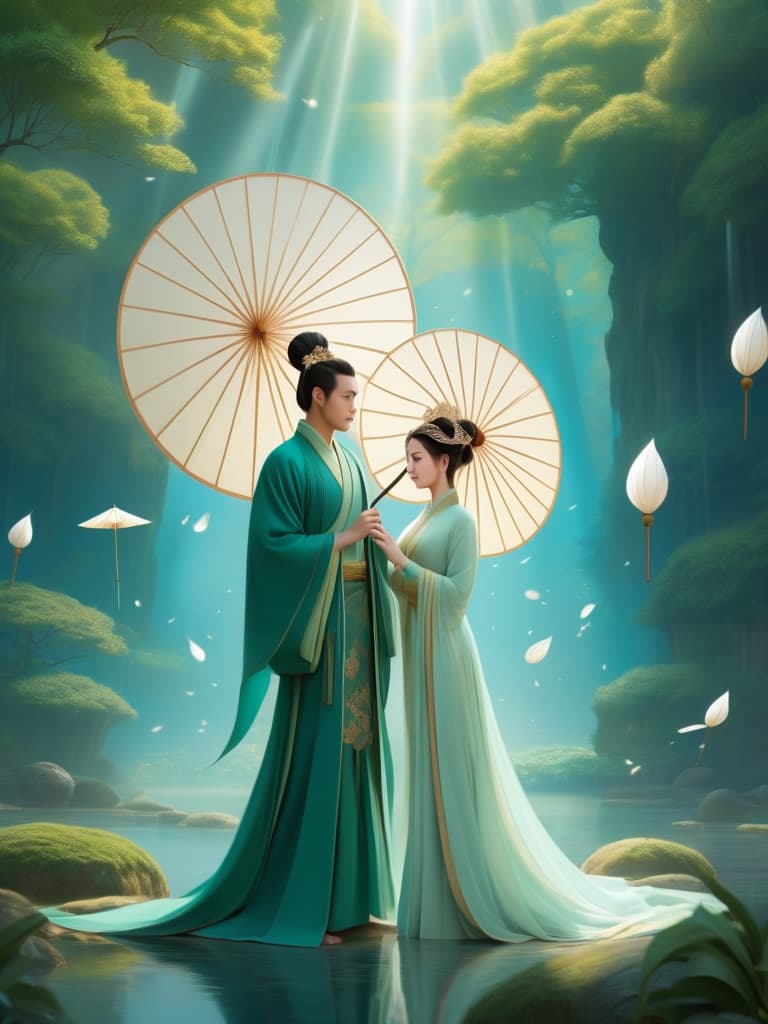  "a male and female character stand in a dream like natural setting. the male character is dressed in a deep green ancient chinese style robe, adorned with intricate headwear, and holding a delicate circular paper umbrella. the female character wears a flowing white gown, a crown on her head, and also holds a paper umbrella. surrounding them are fluttering petals and twinkling light spots, creating a mysterious and surreal atmosphere. the scene is rich in color, dominated by light blues and whites, emphasizing light and detail, and reflecting the style of eastern fantasy aesthetics."