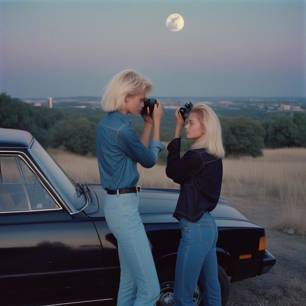  analog film photo a platinum blonde girl takes pictures on a polaroid in a black shirt and stands next to a blonde guy in a denim shirt, standing by a black car, a view from a hill, in the background the city, the time of dusk, a full light moon, the style of the 80 90s. . faded film, desaturated, 35mm photo, grainy, vignette, vintage, kodachrome, lomography, stained, highly detailed, found footage