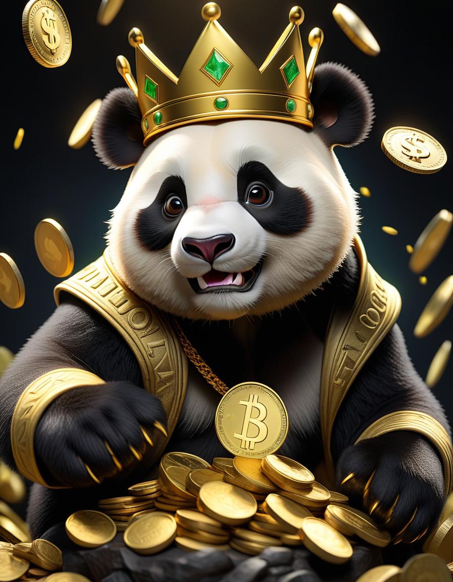  create a picture of the dollar rate rising and falling in gold color in the center a cartoon brutal panda with a crown on his head with a coin in his hand on the sides up and down arrows on a black background hyperrealistic, full body, detailed clothing, highly detailed, cinematic lighting, stunningly beautiful, intricate, sharp focus, f/1. 8, 85mm, (centered image composition), (professionally color graded), ((bright soft diffused light)), volumetric fog, trending on instagram, trending on tumblr, HDR 4K, 8K