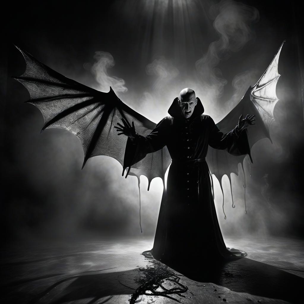  film noir style demon (hellraiser) vampire thin creature in the priest's robe in a sticky shiny slime bent in the fog and light of yellow lights smoke red sparks spikes terror tentacles lovecraft necronomicon and rings of slime wings . monochrome, high contrast, dramatic shadows, 1940s style, mysterious, cinematic