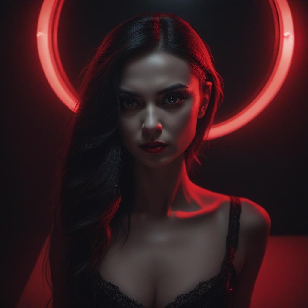  female vampire looking into a mirror lightened by red lighting in a dark room., profile image style