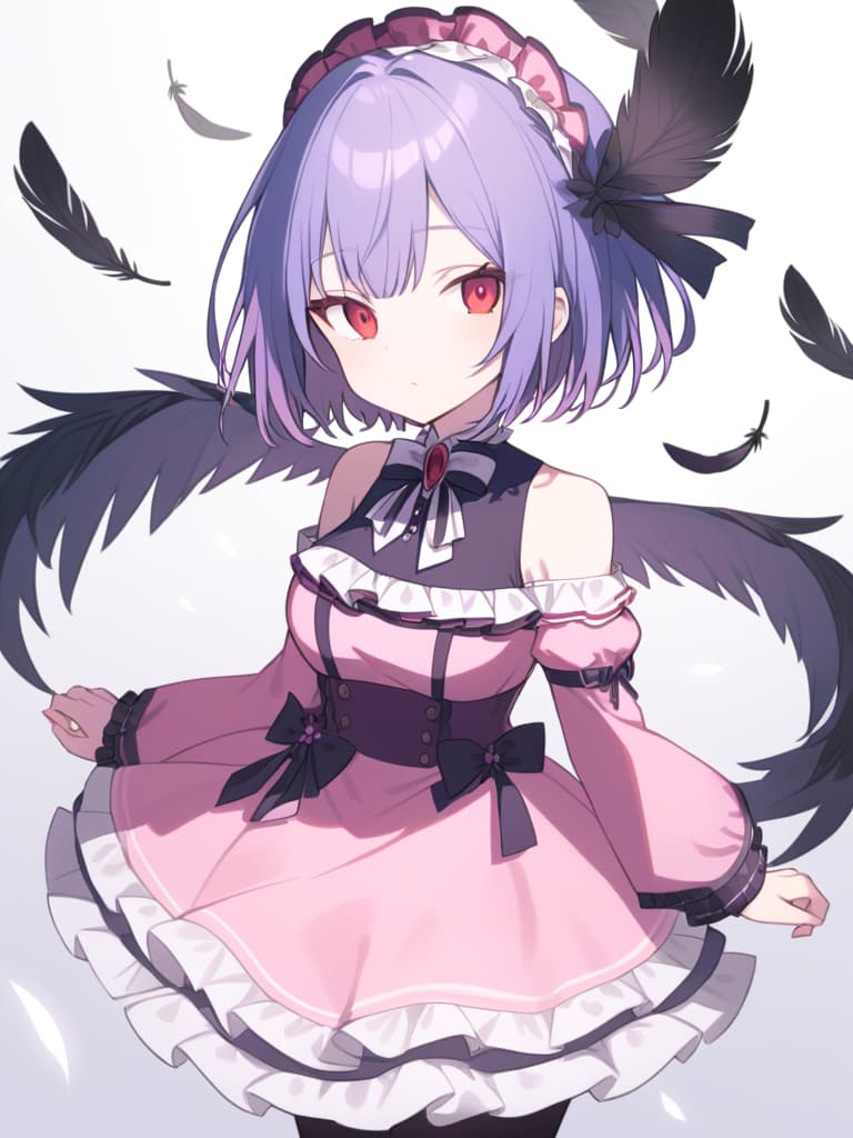  black feather, pink dress, blue purple bob hair, lolita, short hair, red eyes