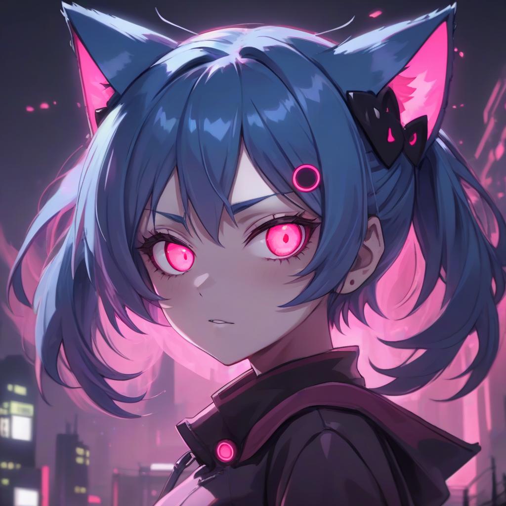  a close up of a person with blue hair, metal cat ears and glowing eyes, anime picture, deep crimson and dark shadows, perfect female body silhouette, bitcoin evil, ((pink)), style of madhouse anime, portrait of evil girl, it is night, looming head