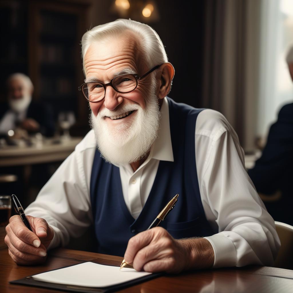  elegant, upper class senior citizen with a white beard sitting by a table smiling and holding an expensive pen