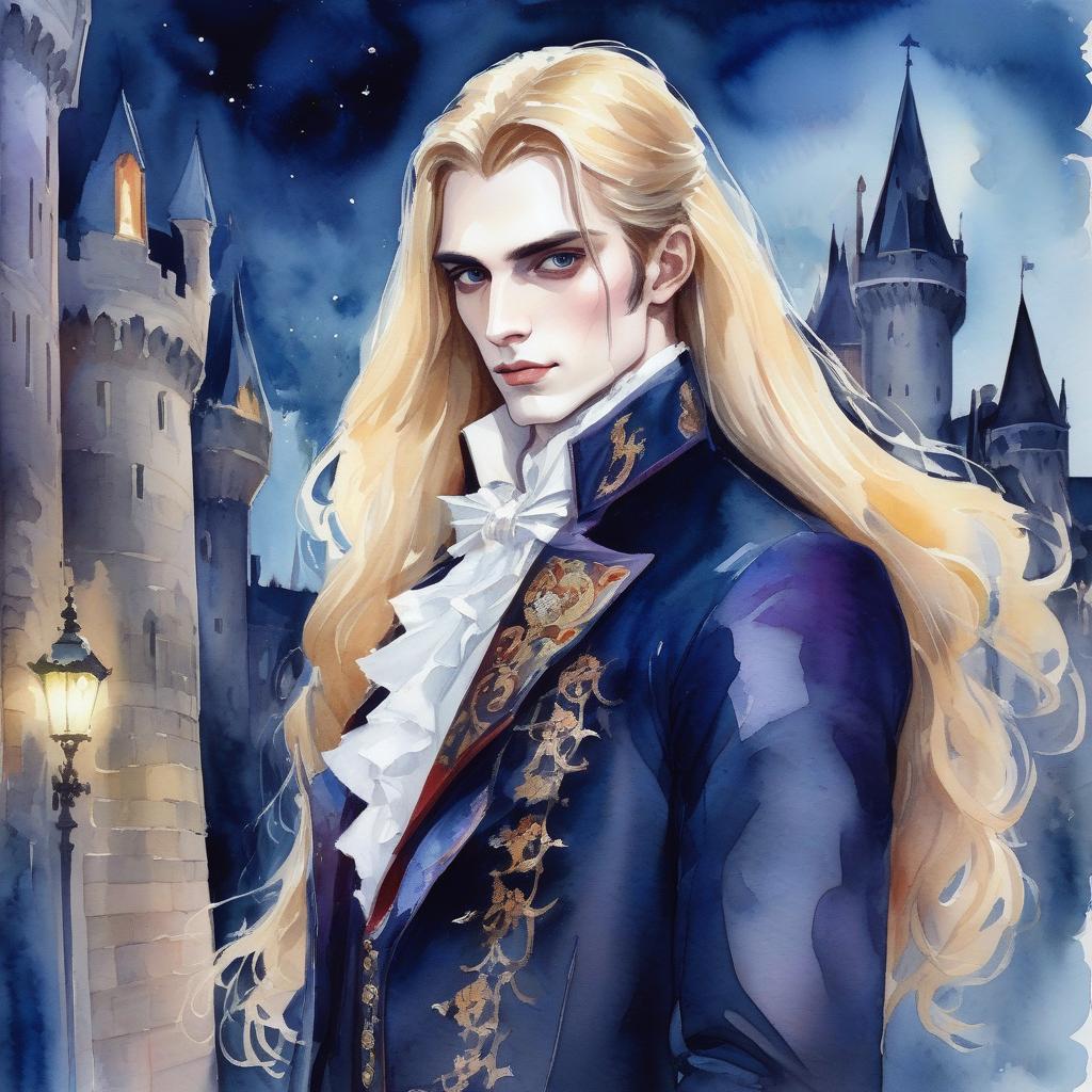  watercolor painting young vampire aristocrat with long blonde hair rich clothes, night, near the castle, aesthetics of beauty and grandeur . vibrant, beautiful, painterly, detailed, textural, artistic