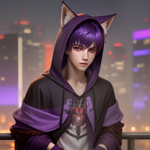  a young guy with purple hair with bangs, he is wearing a red hooded cloak, purple fox ears on the hood, against the background of the night city