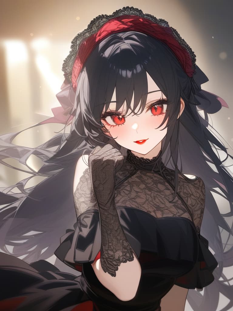  masterpiece,1girl,black hair,red eyes,long hair,slender,black dress,head dress,lace gloves,black lace,red lips,