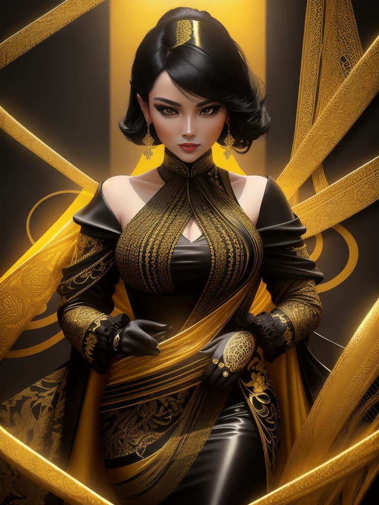  Golden yellow and sleek black color palette, captivating and inviting expression, exuding elegance and charm, magnetic beauty, intricate details, high contrast, luxurious feel, digital art, female, glossy finish, striking composition, dynamic lighting to enhance features.