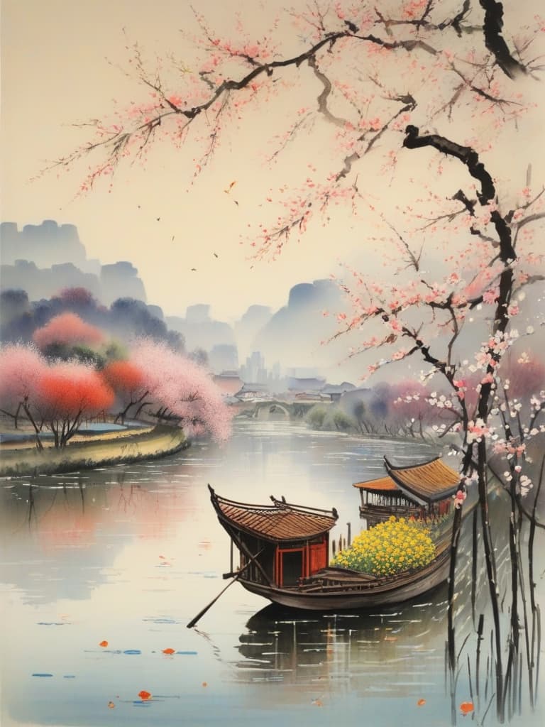  during the march season of gangnam, the sky was full of smoke, flowers, low willows on the river, spring wind and twilight, and the whole picture was full of spring. meng ho sailed on a boat towards yangzhou, and the willows swayed along the river bank, with a beautiful view in the broad yangtze。