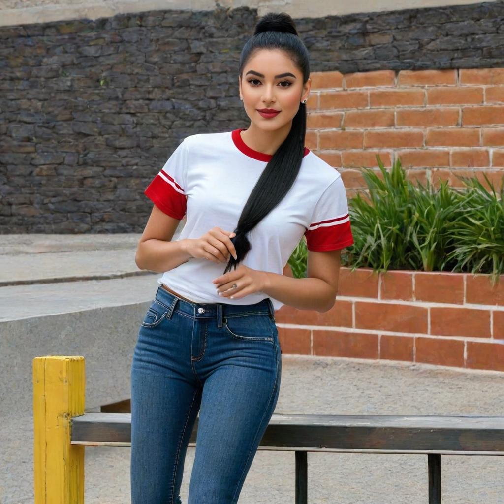  tall young slightly overweight hispanic female with black hair as a ponytail wearing a dark red t shirt with denim jeans and white shoes