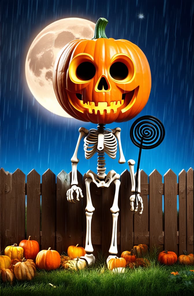  cute 3d skeleton with a big pumpkin skull, black eyes, stands near a slanted wooden fence with a black air swirler in his hand. mystically. rainy autumn night with a full moon ar 2:3 {prompt}, maximum details