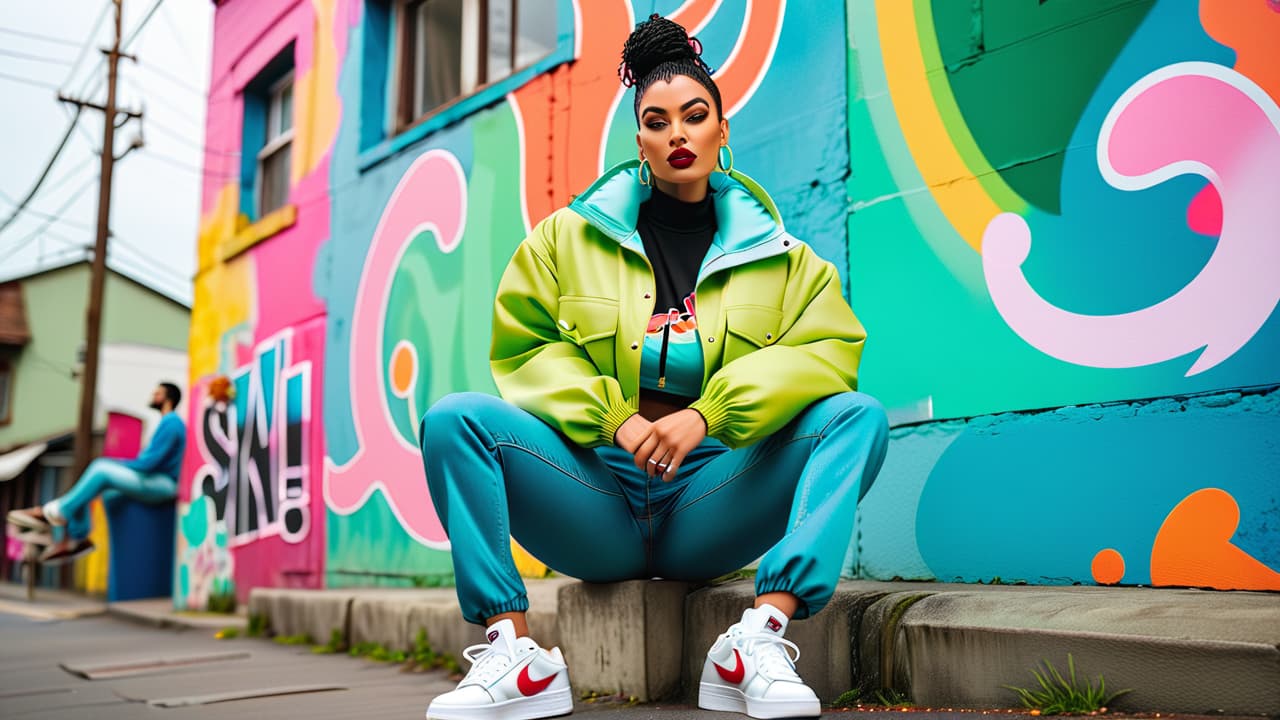  a vibrant 90s inspired street scene, featuring colorful windbreakers, high waisted jeans, platform sneakers, and chunky accessories, surrounded by retro graffiti and vintage boutiques, capturing the essence of 2024's vintage fashion resurgence. hyperrealistic, full body, detailed clothing, highly detailed, cinematic lighting, stunningly beautiful, intricate, sharp focus, f/1. 8, 85mm, (centered image composition), (professionally color graded), ((bright soft diffused light)), volumetric fog, trending on instagram, trending on tumblr, HDR 4K, 8K