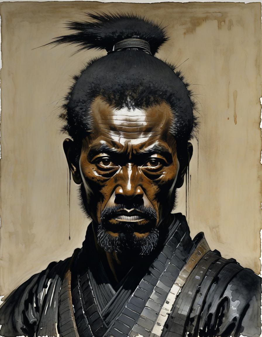  a tall, thin samurai of indeterminate age, in full quality black samurai armor. sickly pale white skin, (sharp predatory features, his face looks exhausted), there are dark circles under his eyes from fatigue, (long black hair with rare gray strands). his whole appearance makes a gloomy and stern impression. by howard pyle, (dim, watercolor 2 but extremely beautiful:1.4), (intricate details, masterpiece, best quality:1.4) , in the style of nicola samori, japanese style ink drawing, ink drawing, ink wash, japanese style ink drawing, looking at viewer