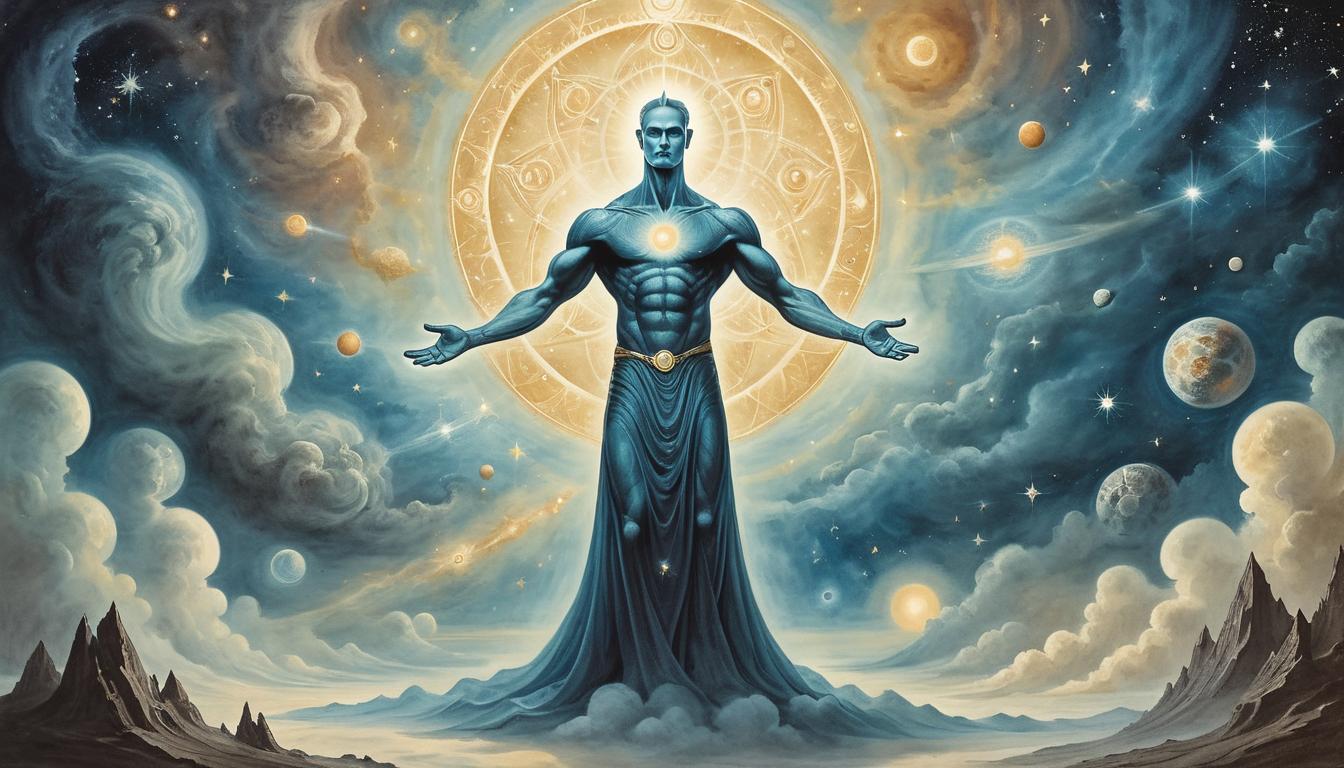  on parchment, surrealism+++, majestic figure standing under a cosmic event, radiant aura stretching far, embodiment of divine timing, purposeful gaze, profound presence, transcendent purpose, celestial manifestation.(mysterious, provocative, symbolic,muted color)+++