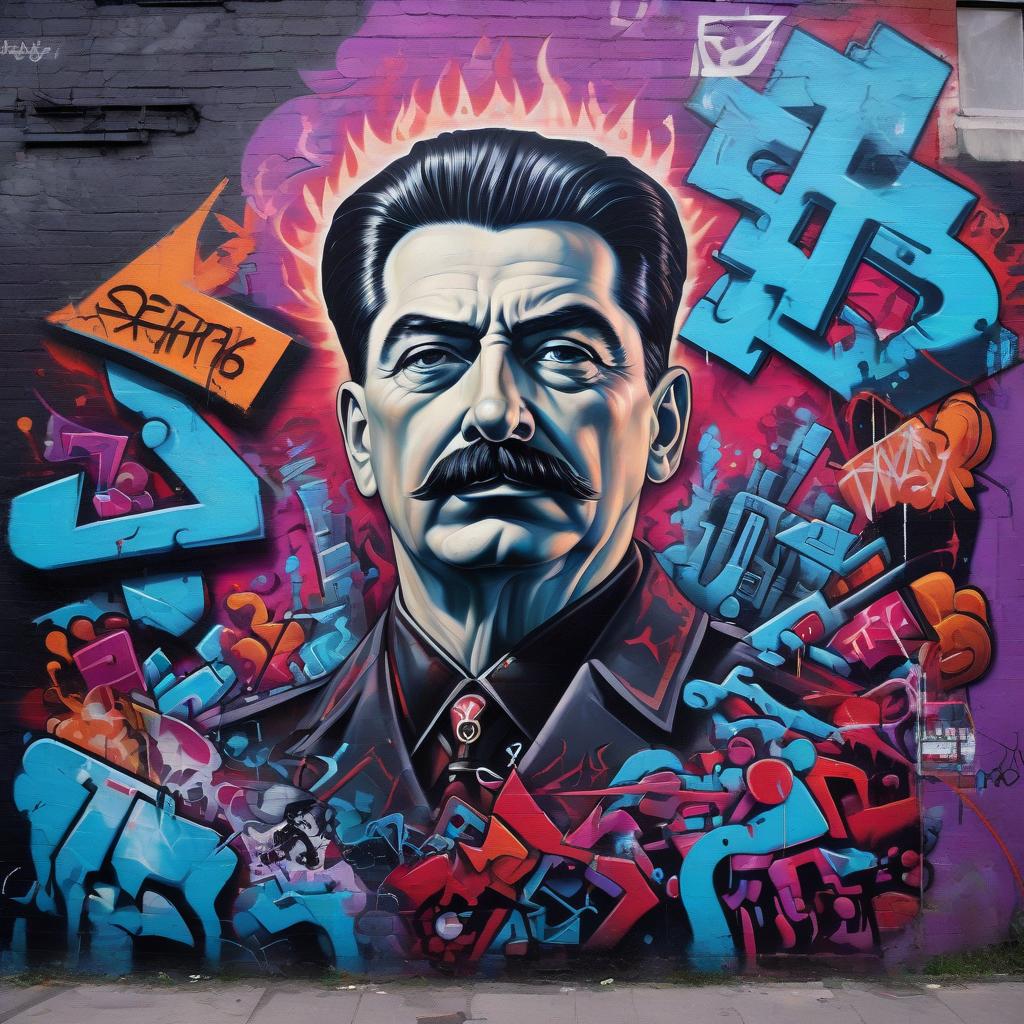  graffiti style gothic, joseph stalin, cyberpunk. . street art, vibrant, urban, detailed, tag, mural