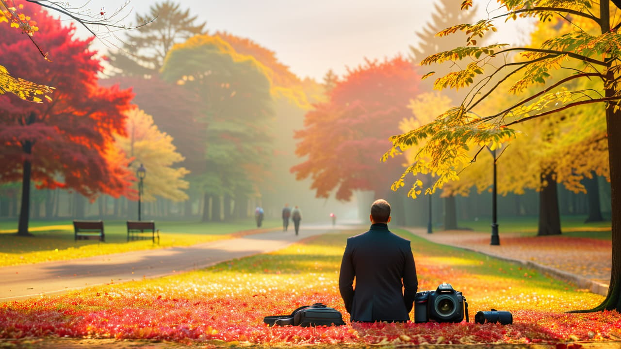  a serene outdoor setting with a freelance photographer capturing a couple in a picturesque park, surrounded by vibrant autumn leaves, soft golden sunlight filtering through trees, and a stylish camera gear setup nearby. hyperrealistic, full body, detailed clothing, highly detailed, cinematic lighting, stunningly beautiful, intricate, sharp focus, f/1. 8, 85mm, (centered image composition), (professionally color graded), ((bright soft diffused light)), volumetric fog, trending on instagram, trending on tumblr, HDR 4K, 8K