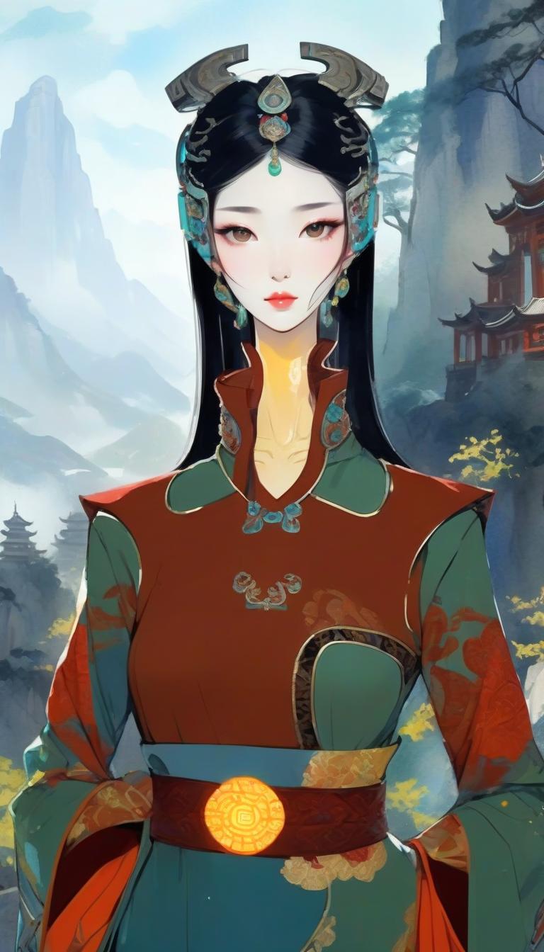  watercolor painting color portrait, (asian temple in the mountains), woman, european appearance, ((long neck)), chinese style of clothing, floral patterns on clothes, (futuristic metal decorations on the head and neck with luminous elements ). . vibrant, beautiful, painterly, detailed, textural, artistic